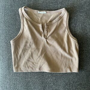Timing Buttoned Ribbed Crop Top in Tan